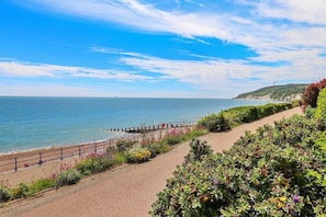A coastal walkway with a paved path, a metal railing, and a variety of flowering plants. - City Escape with a Touch of Class (Eastbourne)