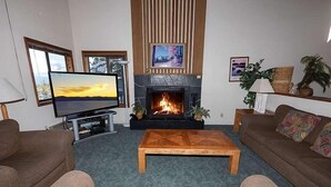 Ein Wohnzimmer mit Kamin, Fernseher und zwei Sofas.