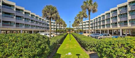 A hotel corridor with a central pathway flanked by neatly trimmed hedges and palm trees, leading to a building with multiple balconies.