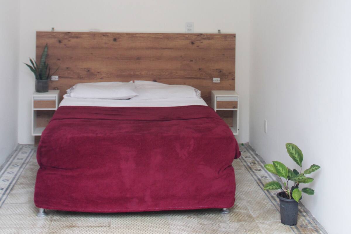 A bedroom with a wooden headboard, a red bedspread, a nightstand, a potted plant, and a wall-mounted air conditioner.