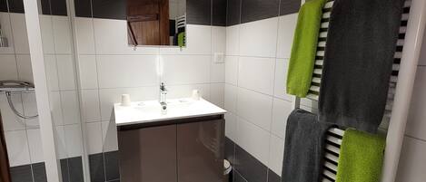 Habitación económica con 1 cama matrimonial o 2 individuales, para no fumadores, vista a la montaña | Baño | Regadera, amenidades de baño gratuitas, toallas, jabón