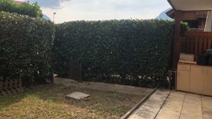 Un jardin avec une haie, une zone pavée et une clôture en bois.