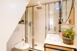 Shower, hair dryer, towels