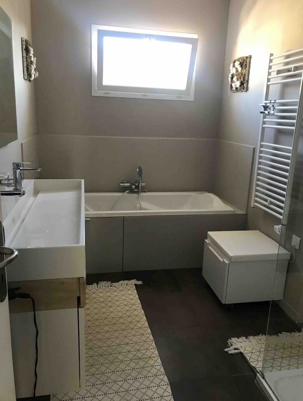 Shower, hair dryer, soap, toilet paper