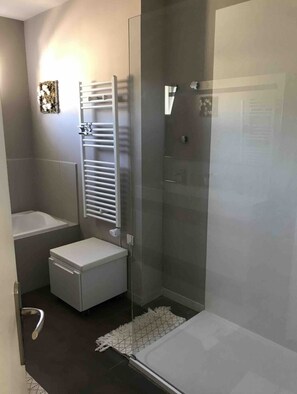 Dusche, Haartrockner, Seife, Toilettenpapier