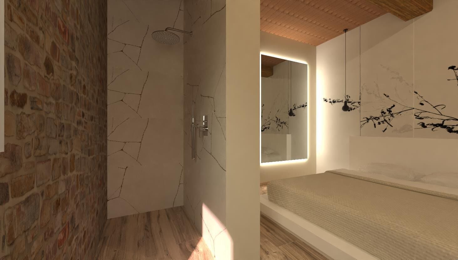 A modern bathroom with a stone wall, a shower, a large mirror, and a bed with a headboard.