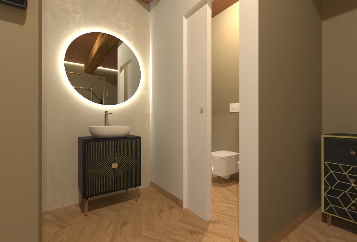 Ein modernes Badezimmer mit rundem Spiegel, einem Haubenspülbecken und einem schwarzen Schrank mit geometrischen Mustern.