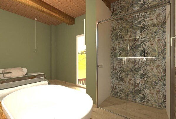 Un baño con cabina de ducha de vidrio, bañera y techo de madera.