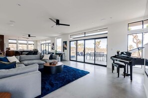 TV, fireplace, books, stereo
