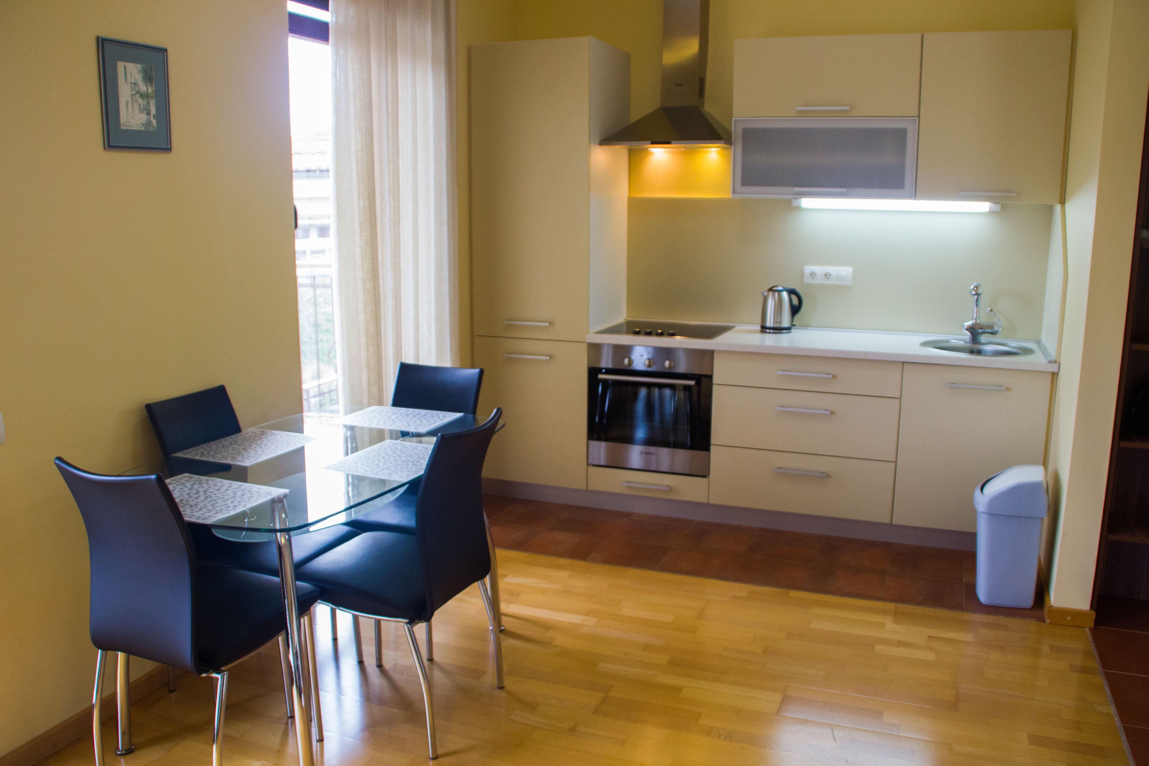 Full-sized fridge, microwave, stovetop, electric kettle