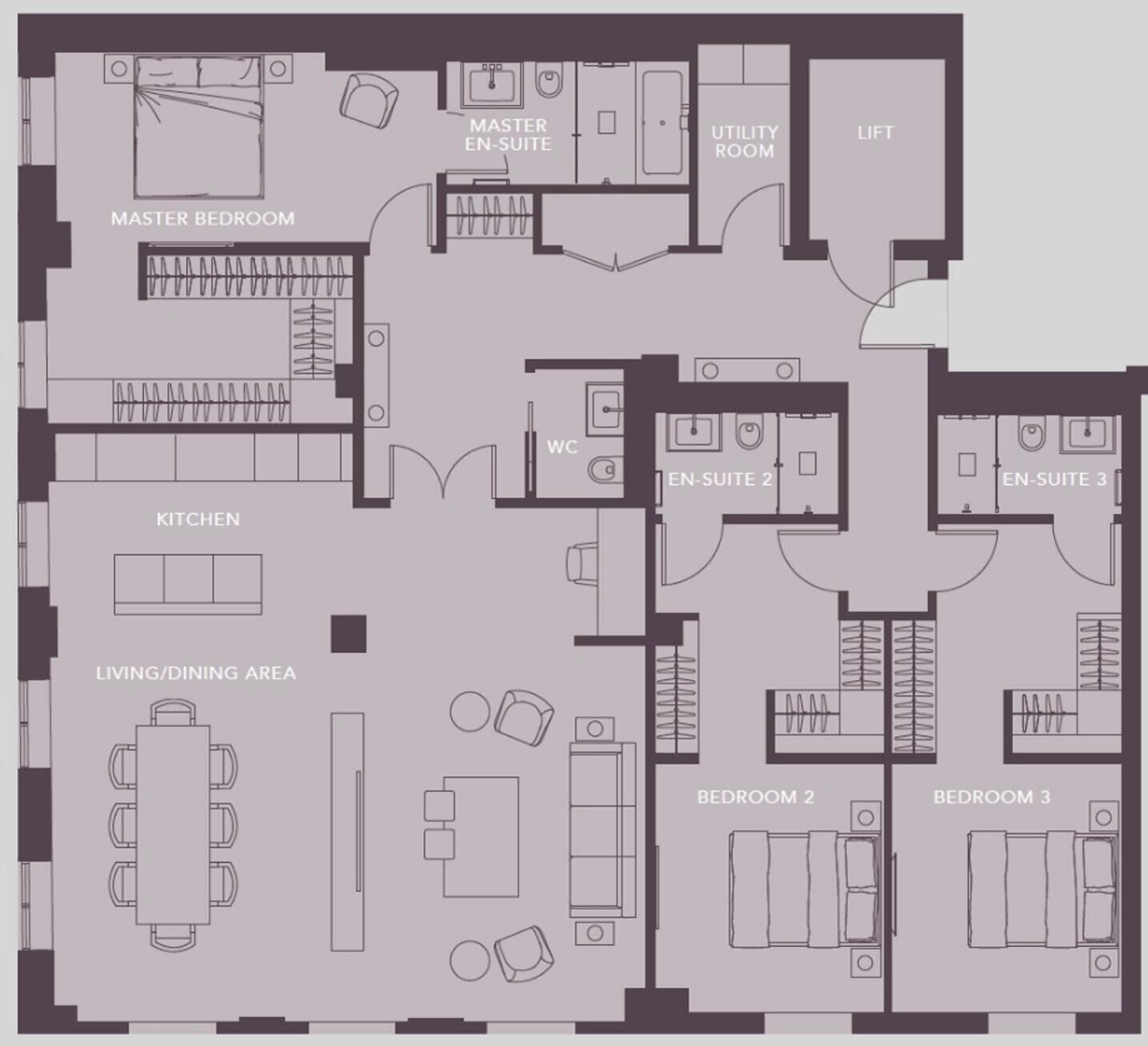 A floor plan with a master bedroom, master bathroom, kitchen, living/dining area, three bedrooms, and a utility room.