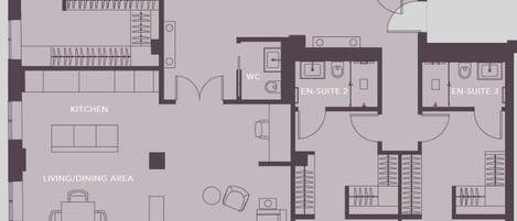 A floor plan with a master bedroom, master bathroom, kitchen, living/dining area, three bedrooms, and a utility room.