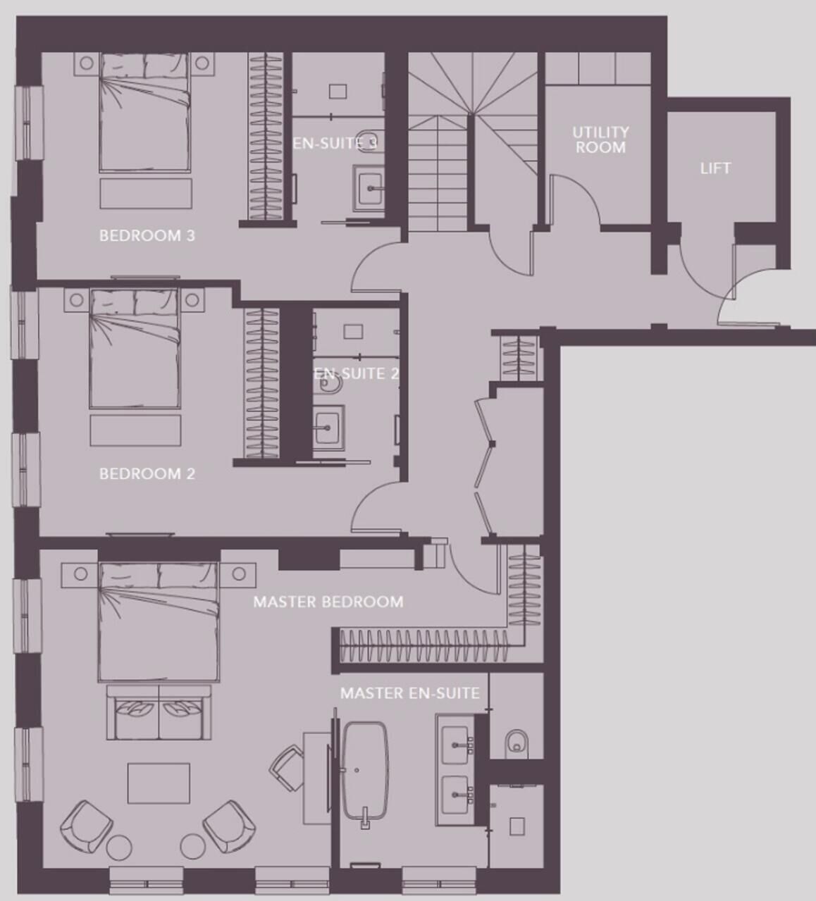 A floor plan with three bedrooms, a master bedroom, a master en-suite, a utility room, and a lift.