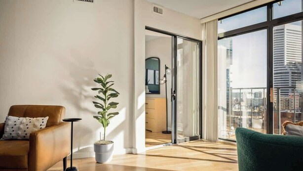 Ein modernes Wohnzimmer mit einer Couch, einer Topfpflanze und Blick durch eine Glastür.