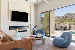 TV, fireplace, video games, stereo