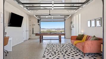 TV, fireplace, video games, stereo