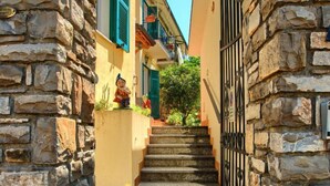 A narrow stone staircase leading to a building with green shutters and a metal gate.