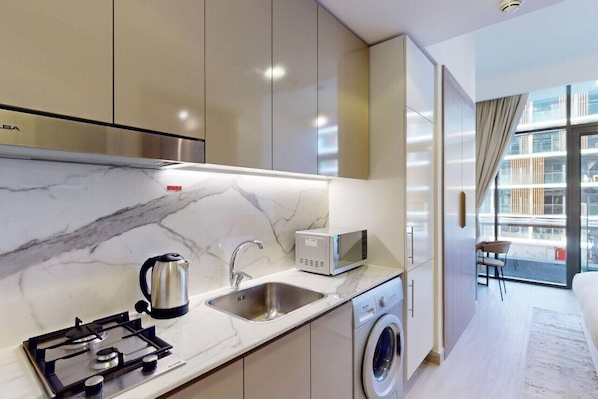 Fridge, microwave, stovetop, toaster