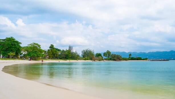 Uma praia com águas cristalinas, areal arenoso e árvores verdes.