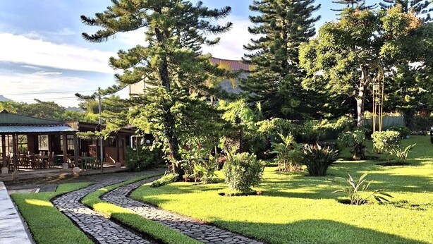 Un jardín ajardinado con un sendero de piedra, una estructura de madera y árboles altos.