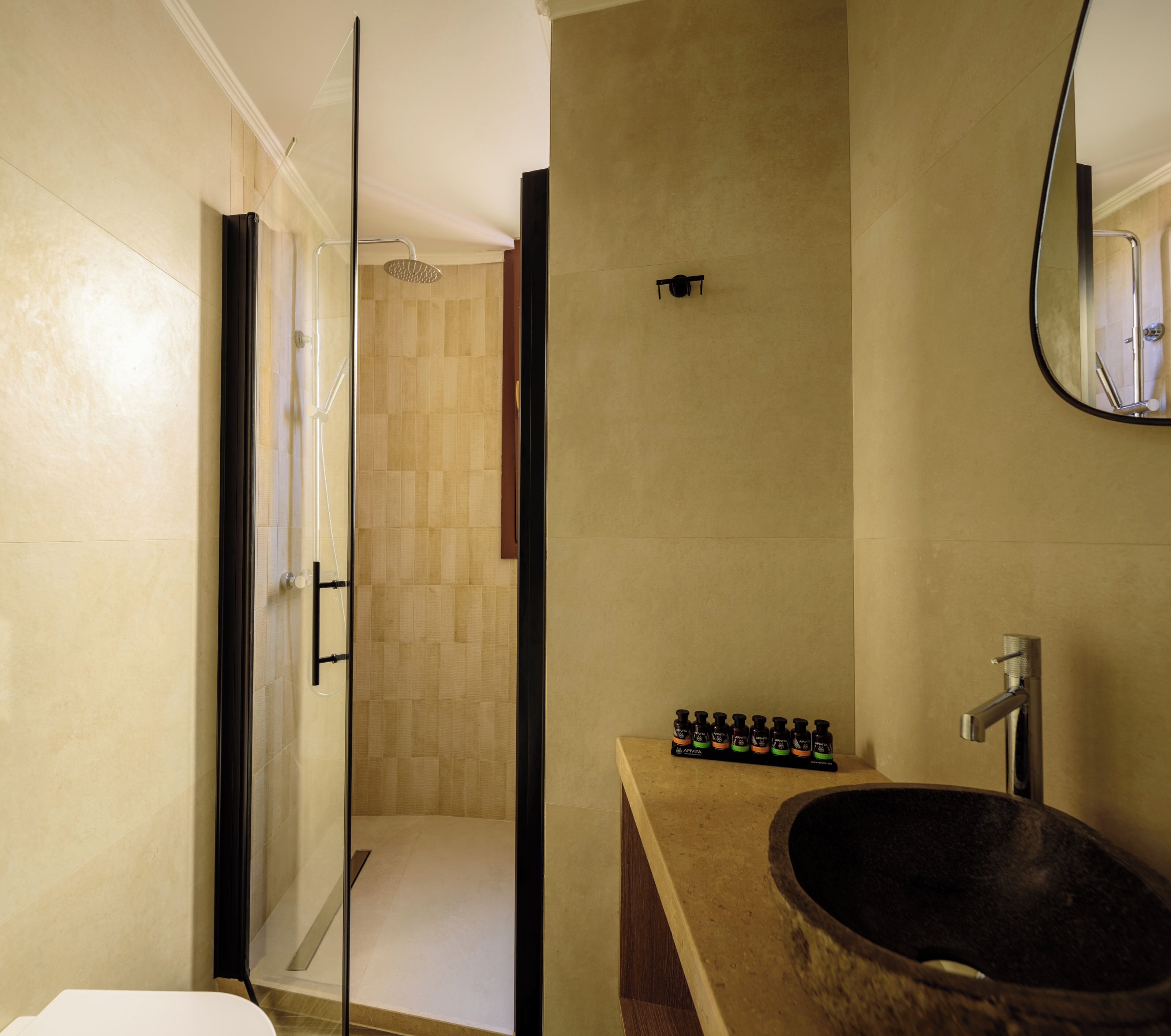 A modern bathroom with a large stone sink, a glass shower enclosure, and a mirror above the sink.
