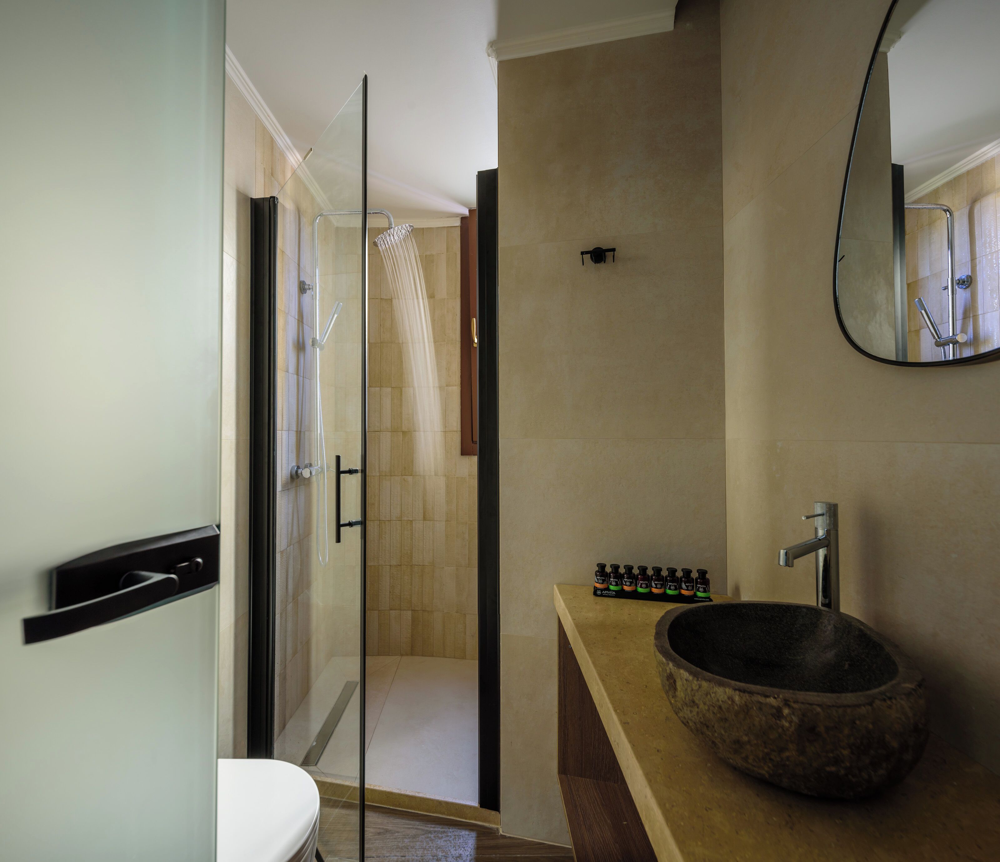Une salle de bain moderne avec une douche à parois de verre, un grand lavabo en pierre et un miroir au-dessus du lavabo.