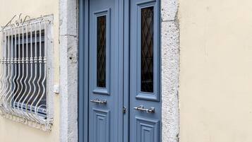 A blue door with a number '110' sign, a metal gate, and a small step leading to the entrance.