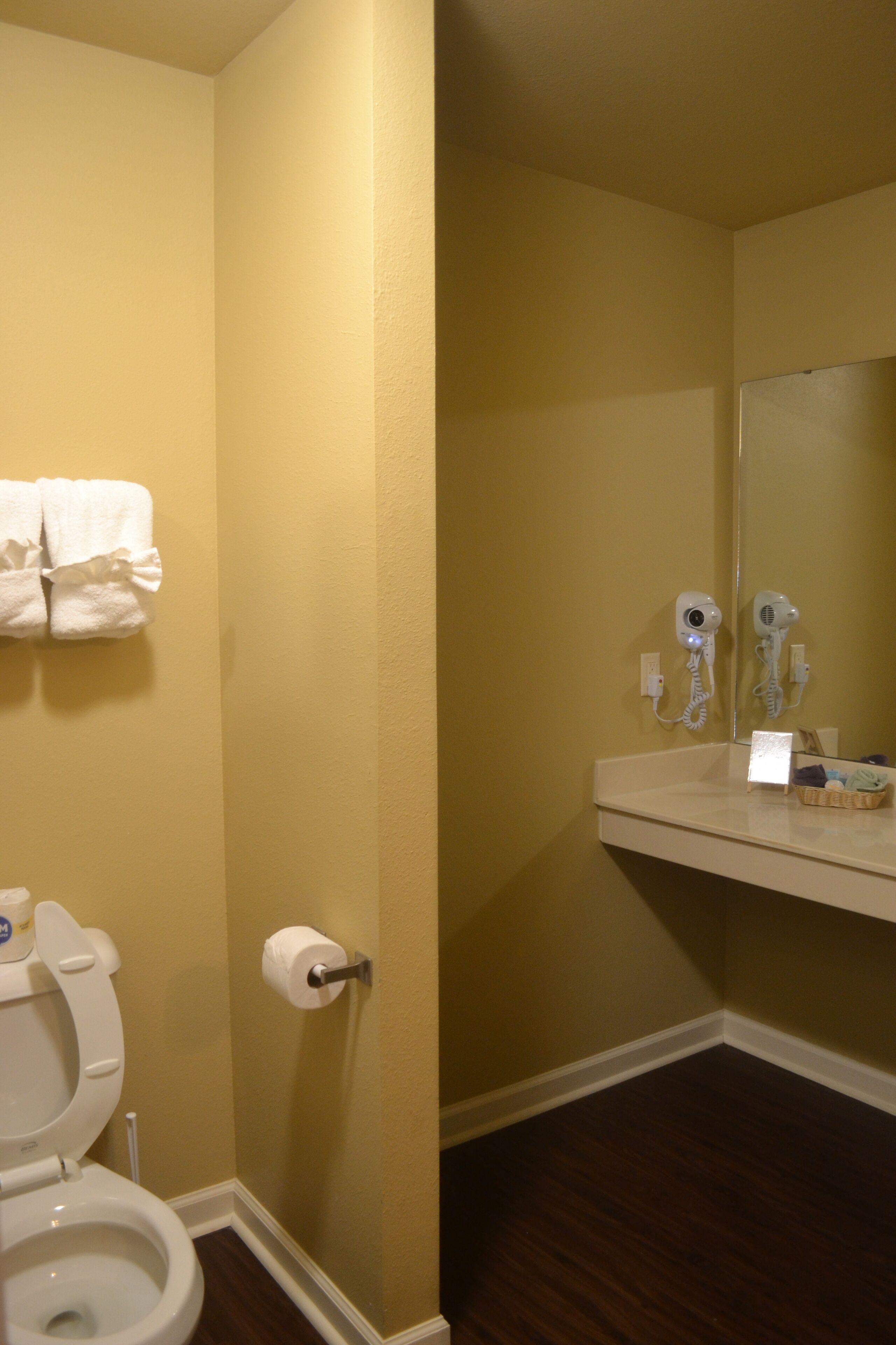 A bathroom with a toilet, a towel rack, a hairdryer, and a mirror.