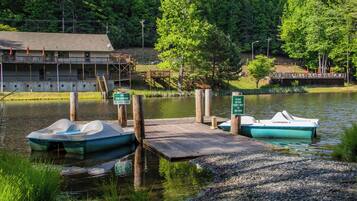 A dock with two boats, a building with a deck, and a sign indicating no swimming in the lake.
