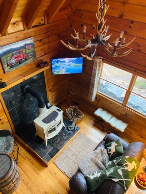 TV connectée, cheminée, livres