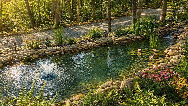 Un jardin paisible avec un étang, entouré d’une végétation luxuriante et de différentes espèces de plantes.