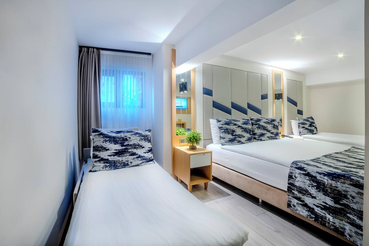 A hotel room with two beds, a bedside table with a plant, a TV, and a mirror.