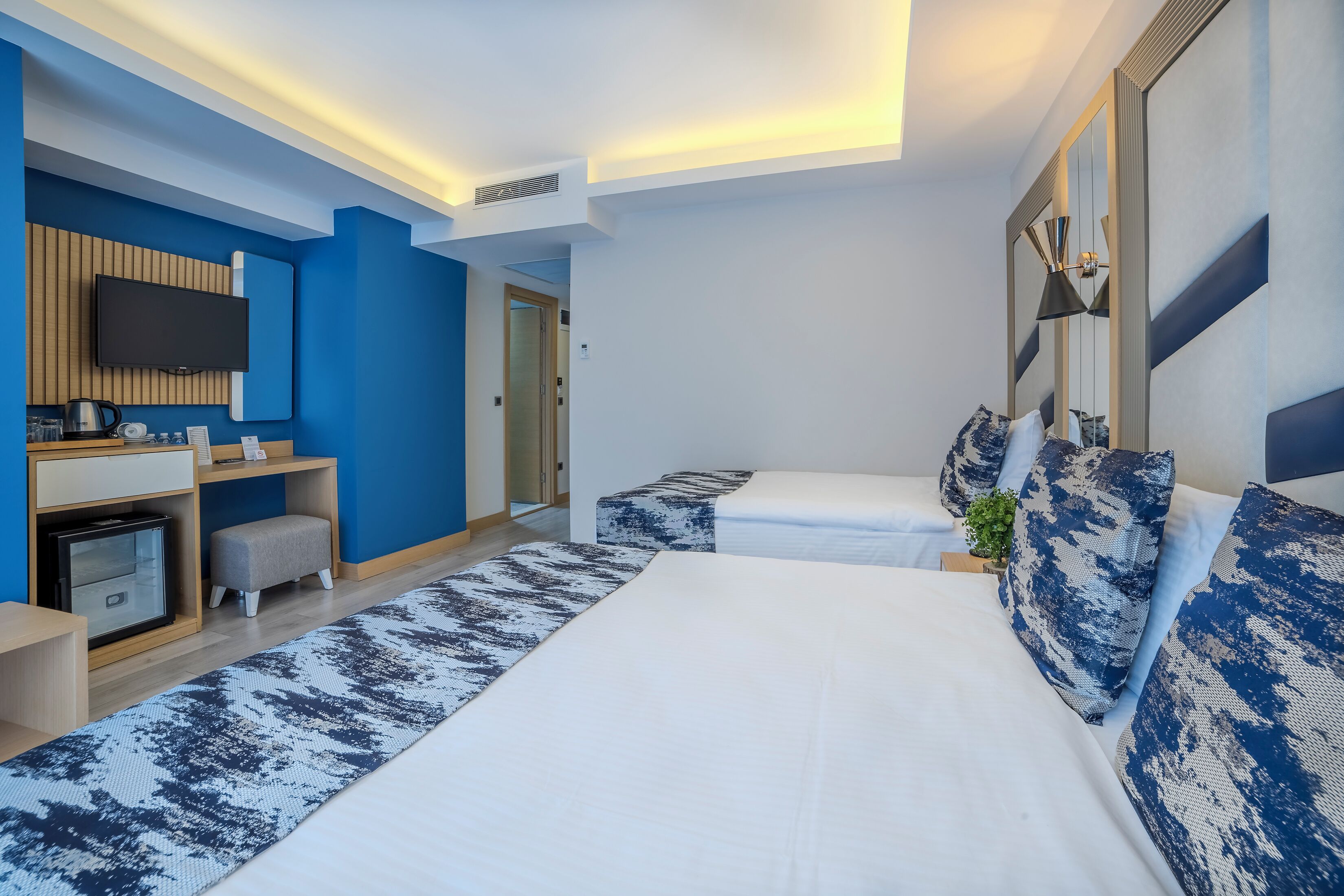 A hotel room with two beds, a TV, a desk with a kettle, and a small plant.