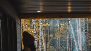 A person standing by a hot tub with a view of birch trees and a forest. - Au Chalet Calme (Lac-Superieur)