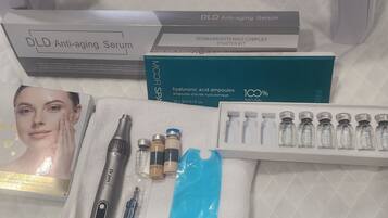 Hair dryer, towels, soap, shampoo