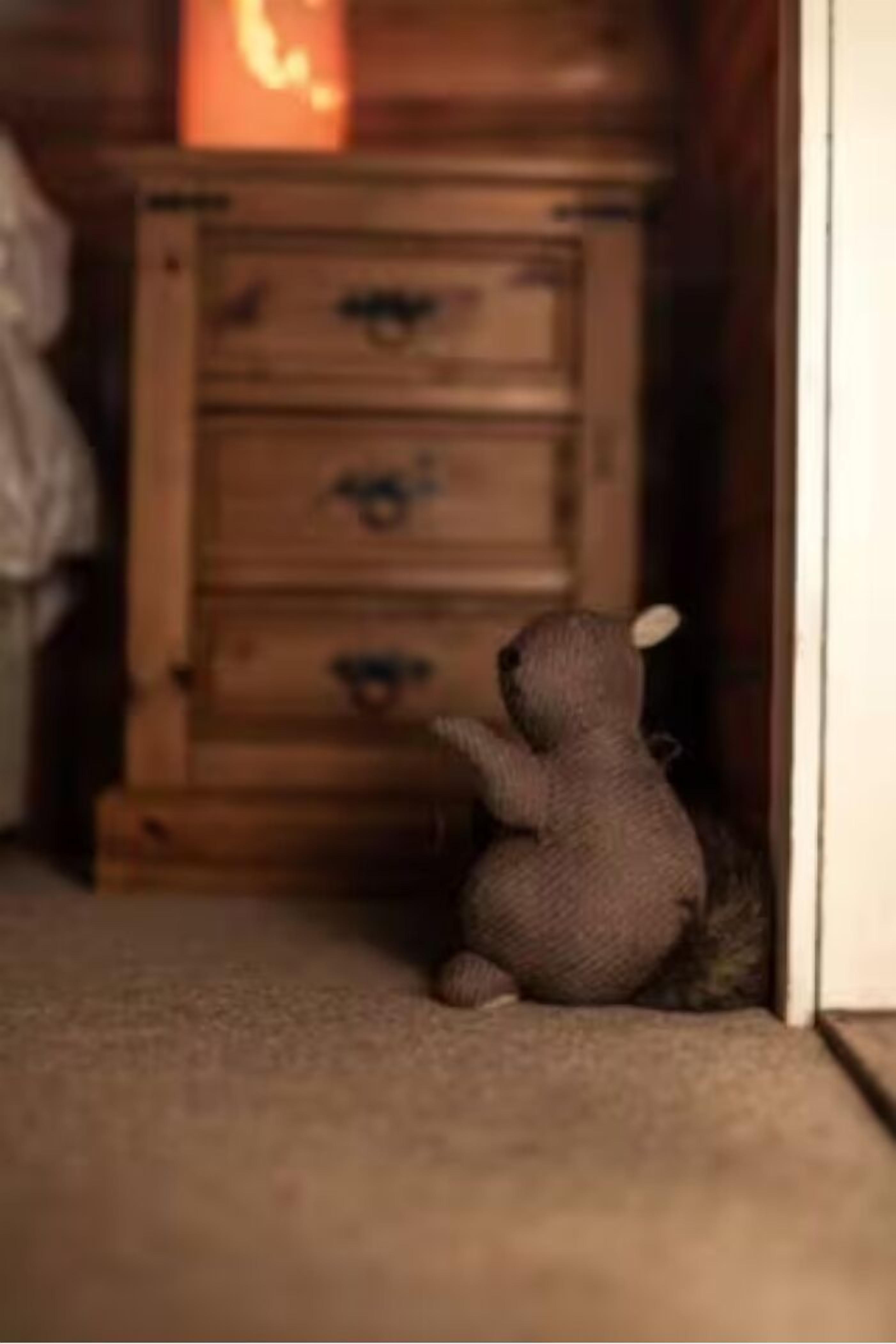 A small, brown teddy bear sitting on a carpeted floor next to a wooden dresser with drawers.