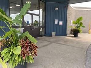 A building entrance with large potted plants, a glass door, and a no-smoking sign. - Residence & Conference Centre - Sarnia (Sarnia)