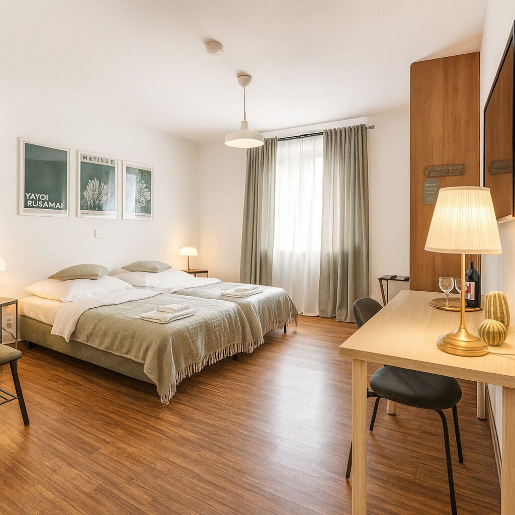 Quarto básico | Cofres nos quartos, escrivaninha, Wi-Fi de cortesia