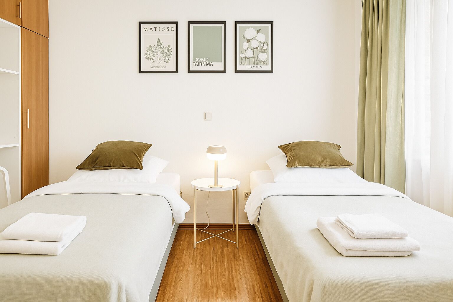 Una camera d'albergo con due letti, un tavolino con una lampada e tre quadri appesi alla parete.