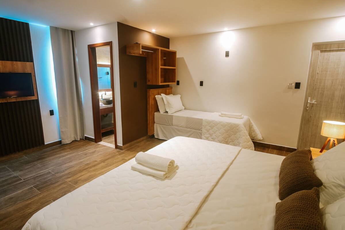 A hotel room with a large bed, a smaller bed, a TV, a wooden wardrobe, a bathroom, and a door.