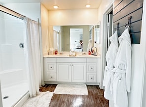 Hair dryer, towels, soap, shampoo