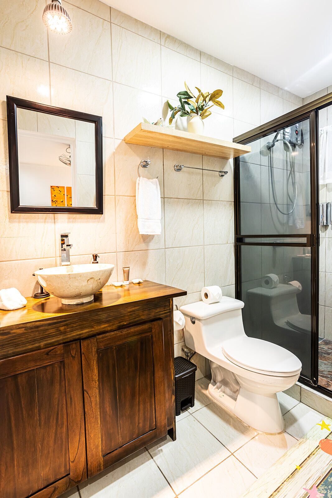 Douche, sèche-cheveux, serviettes fournies, papier toilette