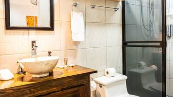 Douche, sĂšche-cheveux, serviettes fournies, papier toilette