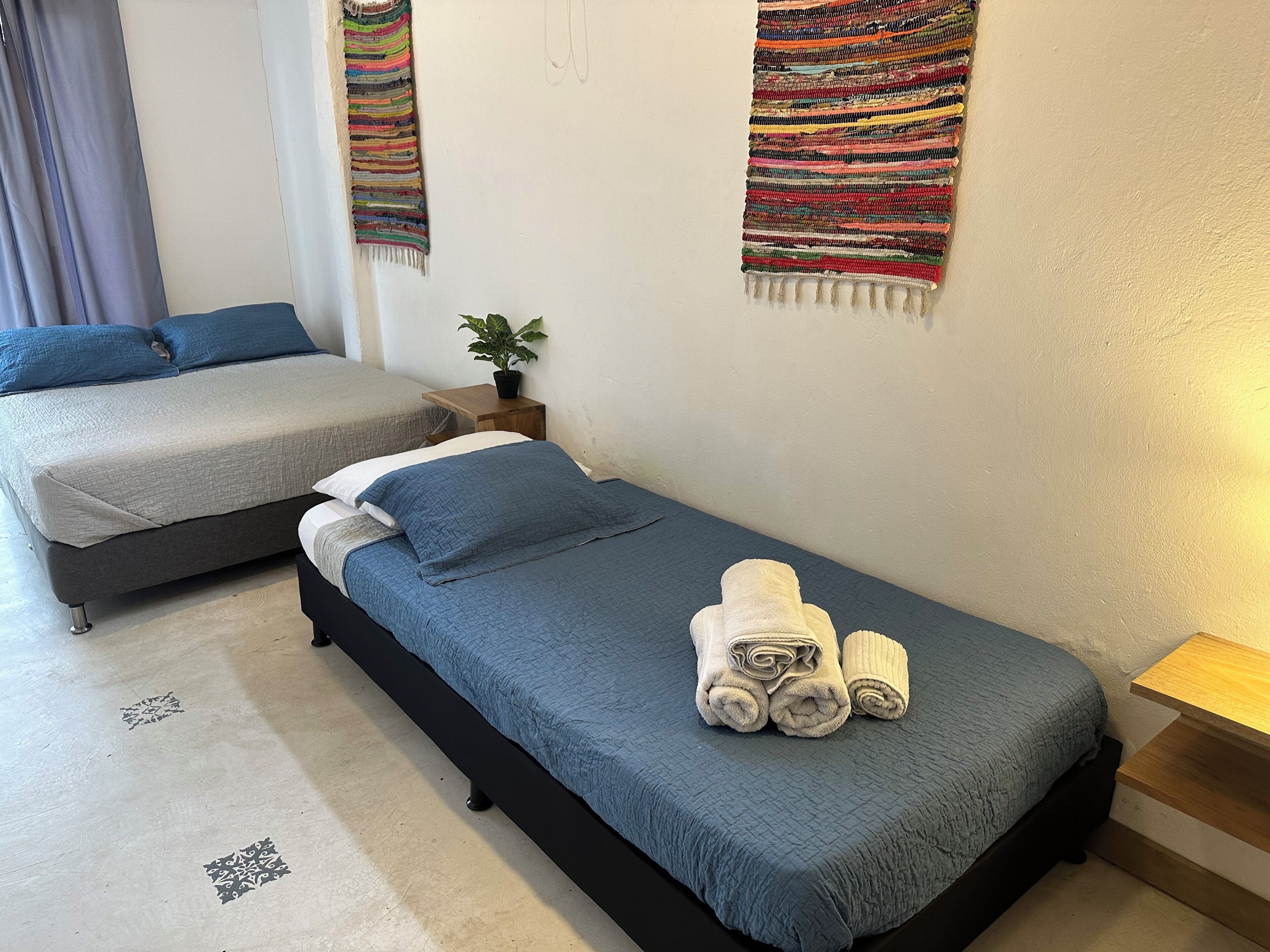 A bedroom with two beds, a small bedside table with a plant, and decorative wall hangings.