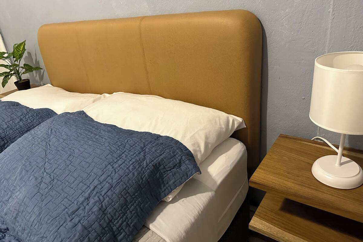 Un lit avec une tête de lit beige, une literie blanche et bleue, une table de chevet avec une lampe et une plante en pot.