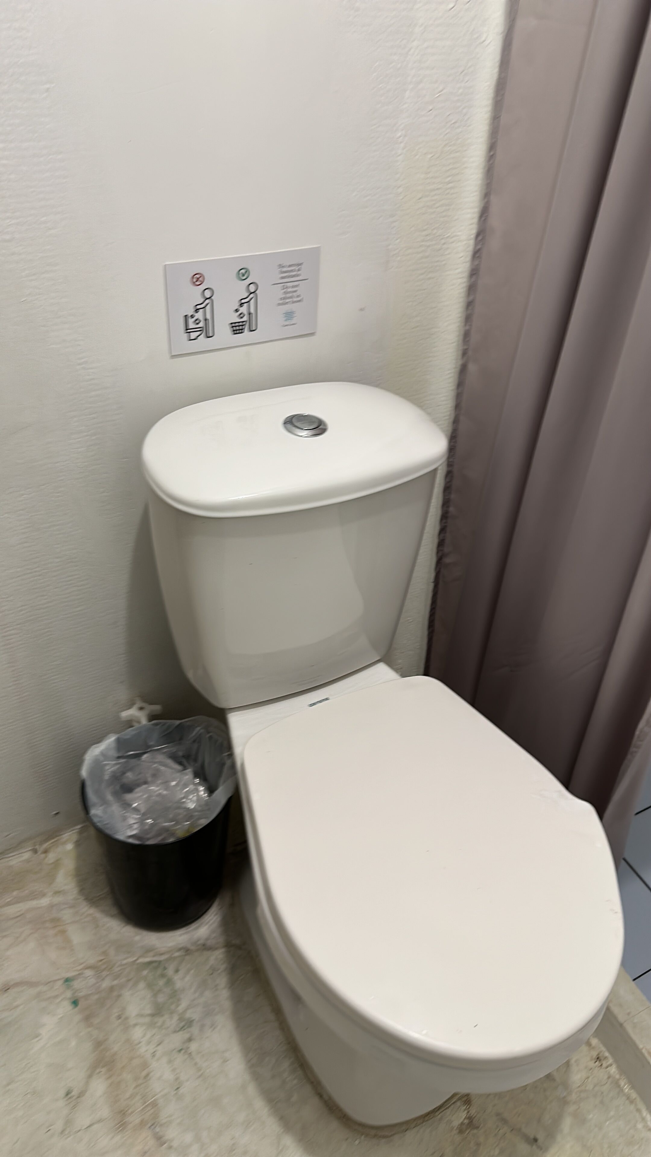Un inodoro blanco con la tapa cerrada, un cubo de basura y un letrero en la pared con el símbolo de prohibido fumar y un icono de cubo de basura.