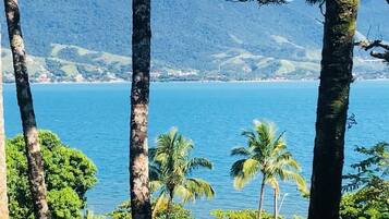 Un paisaje costero con vista al mar, palmeras y colinas al fondo.