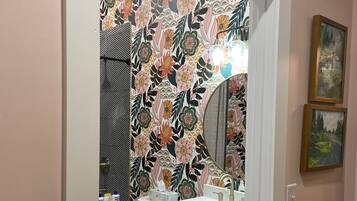 Hair dryer, towels, soap, shampoo