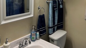 A bathroom with a white sink, a mirror, a toilet, and a shower curtain. -  Looking for relaxation and comfort? Look no further with all its amenities.  (Indianapolis)