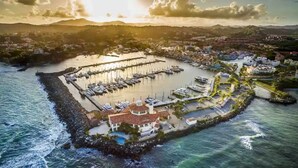 Vista aérea de un puerto deportivo costero con múltiples muelles y barcos, rodeado de edificios residenciales y una casa grande con piscina.